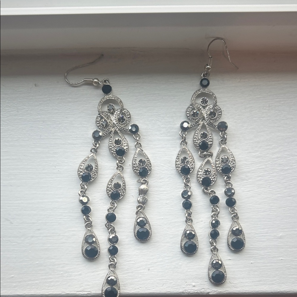 Elegant Silver and Black Chandelier Earrings